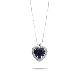 Gargantilla oro blanco 16 diamante natural blanco small inclusions 1 0,08 kt. grano orla zafiro reconstituido corazón 5 mm. 4 garras medida 7 x 7 con cadena forsat de largo 42 - 45 . cierre de reasa 2BRSGA92M23ZAB45