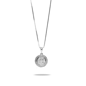 Gargantilla de Oro Blanco Orla con 31 Diamantes Naturales H.SI (Blanco Small Inclusions) de 0,33 Kt. en Total. Diamante Natural Central de 0,08 kt. Calibre Orla 09,90 mm. Cadena Malla Veneciana Calibre 0,50 mm. Largo 45 cm. Cierre de Reasa. 8BRSGA38K2123B45