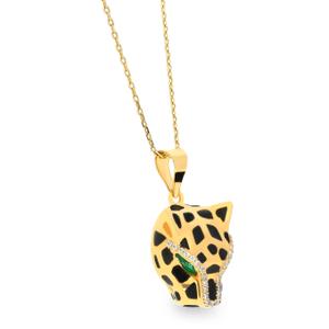 Gargantilla con cadena forsat 01,1 mm. circonita centro cabeza leopardo ojo circonita verde esmalte puntos negro abierto enlazado  medida 18 x 14 con asa de largo 45 cierre de mosquetón. 118SGA47H7418A45