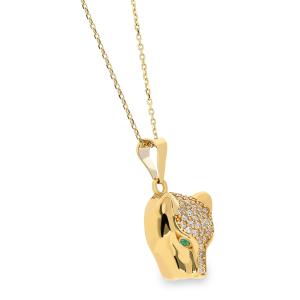 Gargantilla con cadena forsat 01,1 mm. circonita centro cabeza leopardo ojo circonita verde esmalte abierto enlazado  medida 13 x 10 con asa de largo 45 cierre de mosquetón. 118SGA47H7613A45