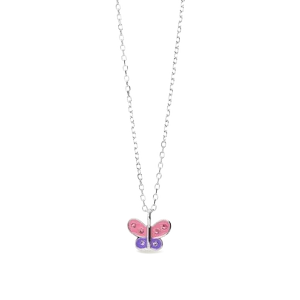 Gargantilla niña plata con cadena forsat con colgante mariposa esmalte rosa lila 4 circonita rosa 2 circonita violeta medida 10 x 7 de largo 38 extensible 40 . cierre de reasa 39216