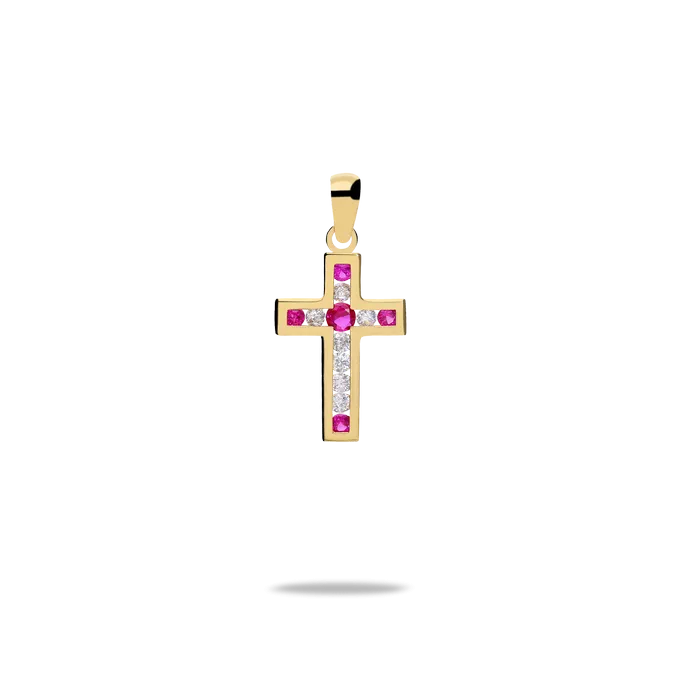 Cruz de con circonitas rojas 16mm oro 18 quilates