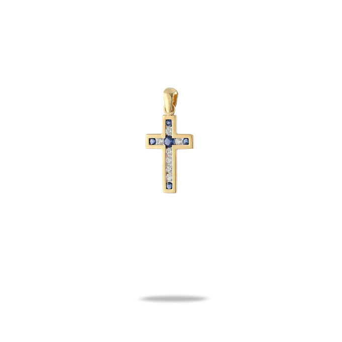 Cruz circonitas blancas y azules 16mm oro 18 quilates