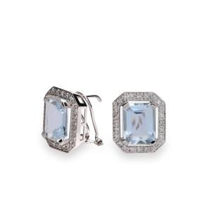 Pendiente oro blanco 48 diamante natural blanco small inclusions 2 0,288 kt. garras centro aguamarina fina octogonal 9 x 7 mm. 4 garras medida 13 x 11 mm. cierre omega. 3BRSPD88P0907B00