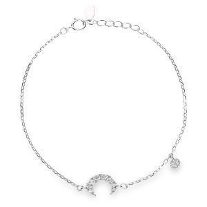 Pulsera plata con cadena forsat 1 mm. motivo 2 luna circonita grano medida 10 x 10 colgar circonita chaton 3 mm. de largo 17 extensible 19 . cierre de reasa 304210