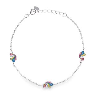 Pulsera niña plata con cadena forsat motivo 3 unicornio esmalte rosa azul amarillo circonita fundido medida 6 x 8 de largo 16 extensible 18 . cierre de reasa 324120