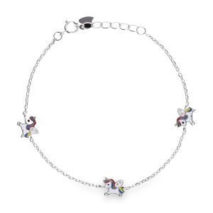 Pulsera niña plata con cadena forsat motivo 3 unicornio esmalte rosa azul amarillo circonita fundido medida 7 x 7 de largo 14 extensible 16 . cierre de reasa 324121