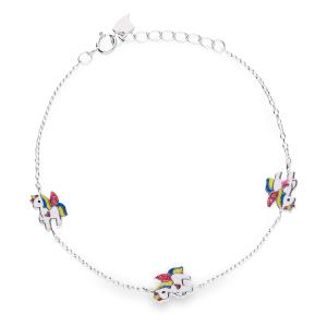 Pulsera niña plata con cadena forsat motivo 3 unicornio esmalte rosa azul amarillo circonita rosa fundido medida 7 x 9 de largo 16 extensible 18 . cierre de reasa 324122