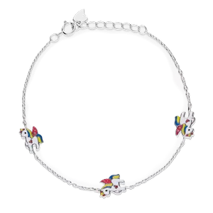 Pulsera niña plata con cadena forsat 1 mm. motivo 3 unicornio esmalte rosa azul amarillo circonita rosa fundido medida 7 x 9 de largo 16 extensible 18 . cierre de reasa 324122