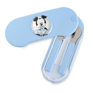 Set de Tenedor y Cuchara de Plástico Azul y Acero en Caja de Plástico Azul de 7,5 x 18 cm con Chapa Bilaminada con Imagen de Mickey Bebé con Biberón. ES118DNC