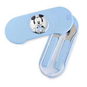 Set de Tenedor y Cuchara de Plástico Azul y Acero en Caja de Plástico Azul de 7,5 x 18 cm con Chapa Bilaminada con Imagen de Mickey Bebé con Biberón. ES118DNC