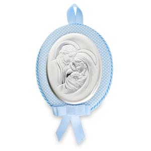 Medalla de Cuna de Tela Acolchada Azul con Placa Ovalada de Plata Bilaminada con Sagrada Familia en el Centro y Lazo Azul ES3553/C