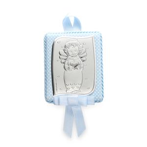 Medalla de Cuna Musical Azul Celeste de Plata Bilaminada Rectangular 6,5 X 5 mm con un Ángel en el Centro con un Corazón en la Mano con Lazo Azul Celeste ES3692/C