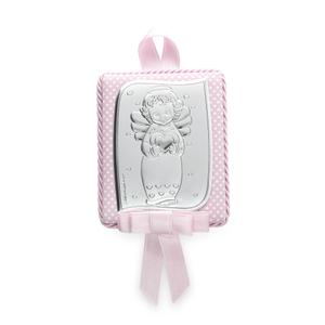 Medalla de Cuna Musical Rosa de Plata Bilaminada Rectangular 6,7 X 8,2 cm con un Ángel en el Centro, un Corazón en la Mano y un Lazo Rosa. ES3692/R