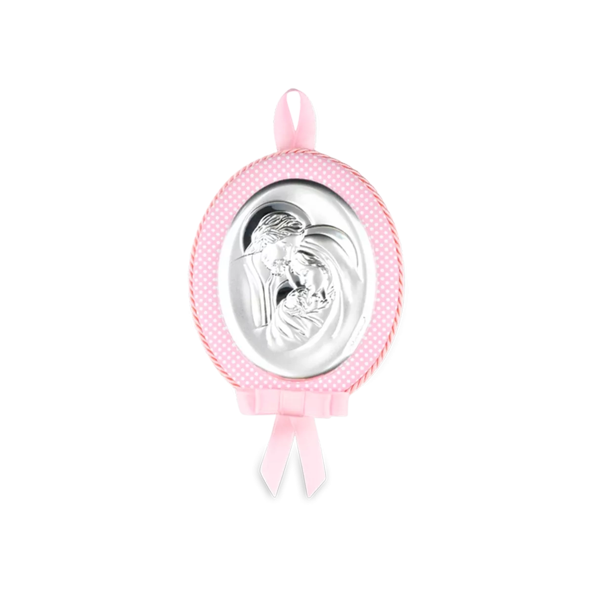Medalla de cuna virgen y cristo rosa