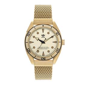 Reloj Adidas para Caballero de Acero Pavonado Dorado con Armis Malla Milanesa Pavonada Dorada de Calibre 22mm. Esfera Dorada con Números Puntos y Triángulos. Bisel Deportivo Dorado. Sumergible 100m. Caja de 42mm. AOFH22004