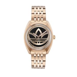 Reloj Adidas para Señora de Acero Pavonado Rosa y Armis. Esfera Negra con Logotipo Adidas Rosa en el Centro, Sin Números y Bisel Liso. Sumergible 50m. Caja de 39mm AOFH23009