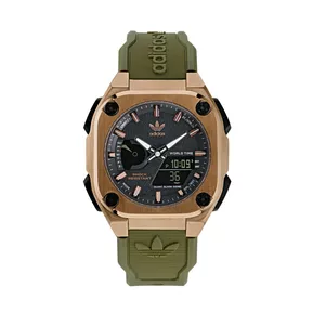 Reloj Analógico-Digital Adidas para Hombre con Caja Rectangular de Acero Pavonado Marrón y Correa de Silicona Negra Calibre 24mm. Esfera Negra con Números Palos, Alarma, Calendario, Cronómetro y Bisel con 4 Tornillos. Sumergible 100m. Caja 45mm AOFH23502