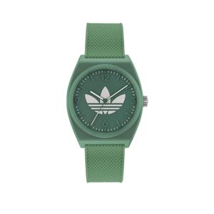 Reloj Adidas Unisex con Caja de Policarbonato Verde y Correa de Silicona Verde de Calibre 20mm. Esfera Verde con Números Árabes y Palos con Logotipo Blanco en el Centro. Bisel Liso. Sumergible 50 metros. Caja de 38 mm. AOST23050