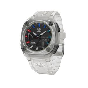 Reloj Rectangular de Adidas para Caballero con Caja de Acero y Correa de Poliuretano Blanco. Esfera Analógica-Digital Negra, Alarma, Calendario Automático, Indicador 12/24 horas, Cronómetro, Luz. Bisel con 4 Tornillos. Sumergible 100 metros. Caja de 45 mm AOST23057