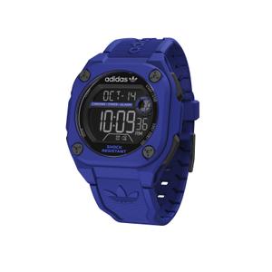 Reloj Rectangular de Adidas para Caballero con Caja y Correa de Policarbonato Azul. Esfera Digital Negra, Alarma, Calendario Automático, Indicador 12/24 horas, Cronómetro, Luz. Bisel con 4 Tornillos. Sumergible 100 metros. Caja de 45 mm AOST23061