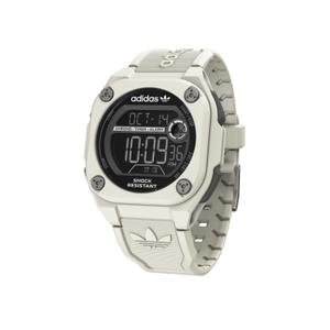 Reloj Rectangular de Adidas para Hombre con Caja y Correa de Policarbonato Blanco. Esfera Digital Negra, Alarma, Calendario Automático, Indicador 12/24 horas, Cronómetro, Luz. Bisel con 4 Tornillos. Sumergible 100 metros. Caja de 45 mm AOST23062