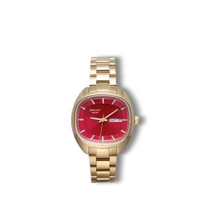 Reloj Cauny para Señora con Caja Cuadrada de Acero Pavonado Dorado y Armis Clásico de Calibre 16mm. Esfera Roja con Números Palos, Calendario-Semanario, Bisel Liso y Cristal Anti-Reflex Recubierto de Zafiro. Sumergible 30m. Caja 36mm CAP034