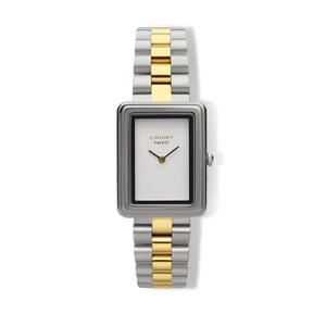 Reloj Cauny para Señora de Acero con Armis Clásico Bicolor Dorado de Calibre 16mm. Esfera Rectangular Blanca sin Números y Bisel Liso. Cristal Anti-Reflex Recubierto de Zafiro. Sumergible 30m. Caja 25x35mm CFT004