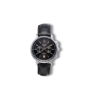 Reloj Cronógrafo Cauny para Hombre de Acero con Correa de Piel Negra de Calibre 20mm. Esfera Negra con Números Palos, Calendario y Bisel Liso. Cristal Anti-Reflex Recubierto de Zafiro. Sumergible 30m. Caja 41mm CLG016