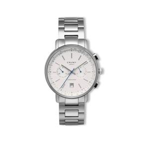 Reloj Cronógrafo Cauny para Hombre de Acero con Amis Mate-Brillo de Calibre 20mm. Esfera Blanca con Números Palos, Calendario y Bisel Liso. Cristal Anti-Reflex Recubierto de Zafiro. Sumergible 30m. Caja 41mm CLG018