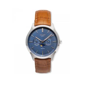 Reloj Multifunción Cauny para Caballero de Acero con Correa de Piel Marrón de Calibre 20mm. Esfera Azul con Números Palos, Fase Lunar y Bisel Liso. Cristal Anti-Reflex Recubierto de Zafiro. Sumergible 50m. Caja 41mm CLM005