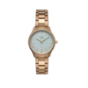 Reloj Cauny para Señora de Acero Pavonado Rosa con Armis Pavonado Rosa Mate-Brillo de Calibre 16mm. Esfera Turquesa con Números Palos y Bisel Liso. Cristal Anti-Reflex Recubierto de Zafiro. Sumergible 50m. Caja 33mm CMJ022