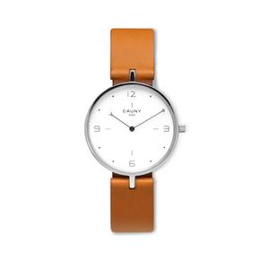 Reloj Cauny Colección Siza para Caballero con Caja de Acero y Correa de Piel Marrón de Calibre 16mm. Esfera Blanca con Números Árabes-Puntos, Cristal de Zafiro y Bisel Liso. Sumergible 30m. Caja 35mm CSZ004