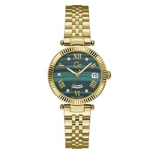 Reloj Guess Collection Swiss Movement para Señora de Acero Pavonado Dorado con Armis Pavonado Dorado. Esfera Verde con Números Romanos-Circonitas, Semanario y Bisel Rayado Dorado. Sumergible 100m. Caja de 34mm Z01006L9MF