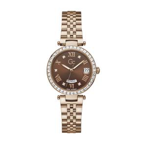 Reloj Guess Collection Swiss Movement para Señora de Acero Pavonado Rosa con Armis Pavonado Rosa. Esfera Marrón con Números Romanos y Circonitas con Calendario y Semanario. Bisel con Circonitas y Cristal de Zafiro. Sumergible 100 metros. Caja de 34 mm Z01009L4MF