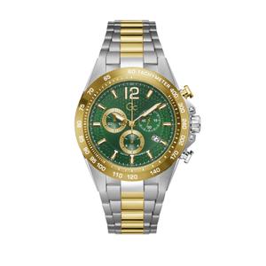 Reloj Cronógrafo Guess Collection para Caballero de Acero con Armis Bicolor Pavonado Dorado. Esfera Verde con Números Árabes, Palos y Calendario. Bisel Pavonado con Taquímetro y Cristal de Zafiro. Swiss Movement. Sumergible 100 metros. Caja 44 mm Z07008G9MF