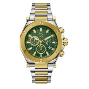 Reloj Cronógrafo Guess Collection con Swiss Movement para Caballero de Acero con Armis Bicolor Pavonado Dorado. Esfera Verde con Números Palos y Calendario. Bisel Pavonado Dorado con Tornillos. Sumergible 100m. Caja 44mm Z18003G9MF