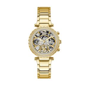 Reloj Multifunción Guess para Mujer de Acero Pavonado Dorado con Armis Pavonado Dorado de Calibre 18 mm. Esfera Dorada con Maquinaria a la Vista con Números Romanos y Palos. Bisel con Circonitas. No Sumergible. Caja de 36 mm. GW0403L2