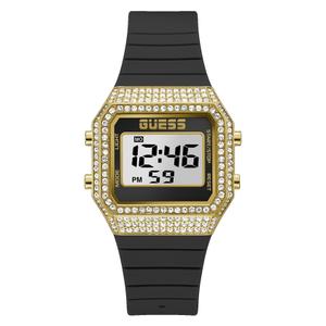 Reloj Digital Guess para Señora con Caja de Acero Pavonado Dorado y Correa de Silicona Negra Calibre 26mm. Esfera Digital con Borde Negro. Bisel y Caja con Circonitas. No Sumergible. Caja de 30x39mm GW0430L2