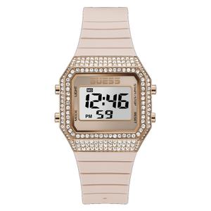 Reloj Digital Guess para Señora con Caja de Acero Pavonada Rosa y Correa de Silicona Rosa Calibre 26 mm. Esfera Digital con Borde Rosa. Bisel y Caja con Circonitas. No Sumergible. Caja de 39x30mm GW0430L3