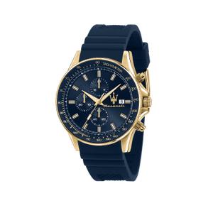 Reloj Cronógrafo Maserati para Hombre de Acero Pavonado Dorado con Con Correa de Silicona Azul Calibre 22mm. Esfera Azul con Números Palos, Calendario y Bisel con Taquímetro Azul. Sumergible 100m. Caja 44mm R8871640004