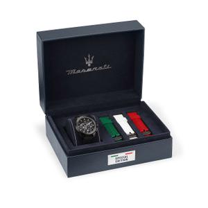 Reloj Cronógrafo Maserati para Caballero de Acero Pavonado Negro con Correa de Silicona Negra de Calibre 20mm. Esfera Negra con Números Palos y Calendario. Bisel Liso. Sumergible 100m. Caja de 44mm. Incluye 3 Correas de Silicona Verde, Blanca y Roja R8871648005