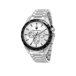 Reloj Cronógrafo Maserati para Hombre de Acero con Armis Mate-Brillo. Esfera Plateada con Números Palos, Calendario y Bisel Negro con Taquímetro. Sumergible 100m. Caja 45mm R8873612049