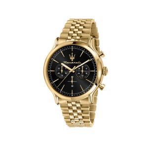 Reloj Cronógrafo Maserati para Hombre de Acero Pavonado Dorado con Armis Mate-Brillo Calibre 20mm. Esfera Negra con Números Palos y Bisel Liso. Sumergible 100m. Caja 42mm R8873618023
