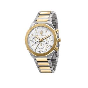 Reloj Cronógrafo Maserati para Caballero de Acero con Armis Mate-Brillo Bicolor Pavonado Dorado. Esfera Blanca con Números Palos, Calendario y Bisel Liso Dorado. Sumergible 100m. Caja 45mm R8873642009