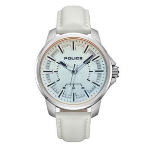 Reloj Police para Caballero de Acero con Correa de Piel Blanca. Esfera Blanca-Azul y Números Palos. Bisel Liso. Sumergible 50m. Caja de 44mm PEWJA0004803
