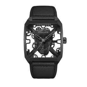 Reloj Police Rectangular para Hombre de Acero Pavonado Negro con Correa de Piel Negra. Esfera Calada Negra con Calavera en el Centro y Numeros Puntos. Bisel Liso. Sumergible 50m. Caja de 39mm PEWJA2227202