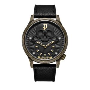 Reloj Police para Caballero de Acero Pavonado Dorado Envejecido con Correa de Piel Negra. Esfera Negra con Calavera en la Parte Superior y Números Palos Dorados en la Parte Inferior. Bisel Liso. Sumergible 50m. Caja de 52mm PEWJA2227702