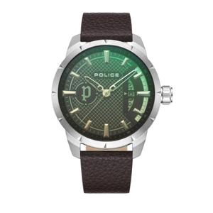 Reloj Police para Caballero de Acero con Correa de Piel Marrón. Esfera Verde con Logotipo Police en el Lateral, Números Palos y Calendario en Forma de Rueda. Bisel Liso. Sumergible 50m. Caja 45mm PEWJB2226902