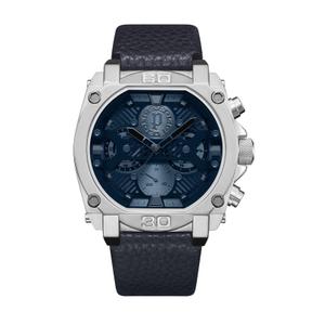 Reloj Multifunción Police para Hombre de Acero con Correa de Piel Azul. Esfera Azul con Logotipo Police y Números Palos. Bisel con Numero 60 en la Parte Superior y Número 30 en la Parte Inferior y 4 Tornillos. Sumergible 50m. Caja 45mm PEWJF2226802